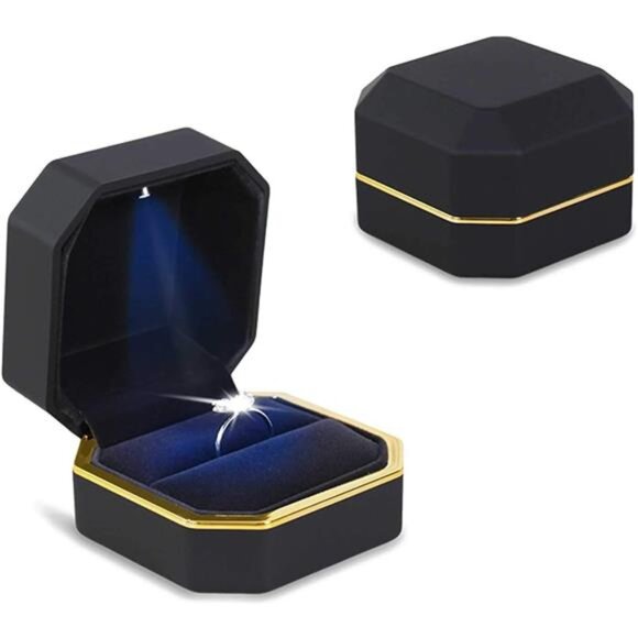 Luxury Ring Box, Square Velvet Wedding Ring Case Jewelry Gift Box with LED - Picture 4 of 6